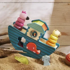 Arche d’éveil bateau en bois – Animaux à encastrer et à empiler