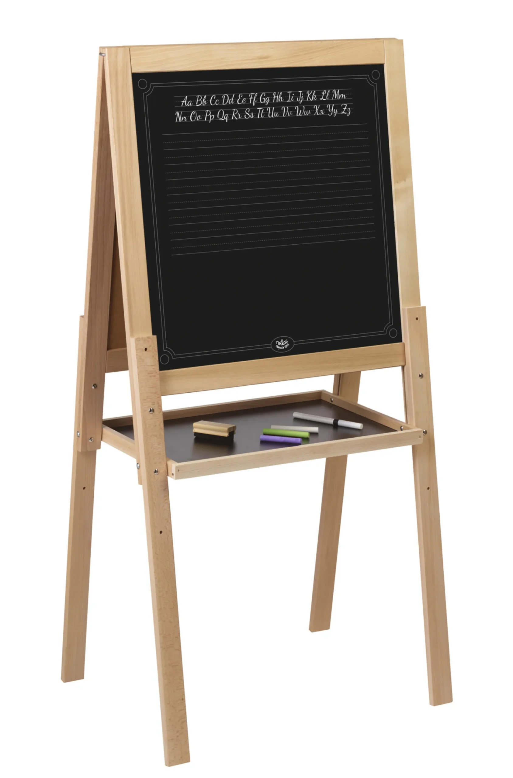 Grand tableau sur pied en bois, double face craie et feutre effaçable