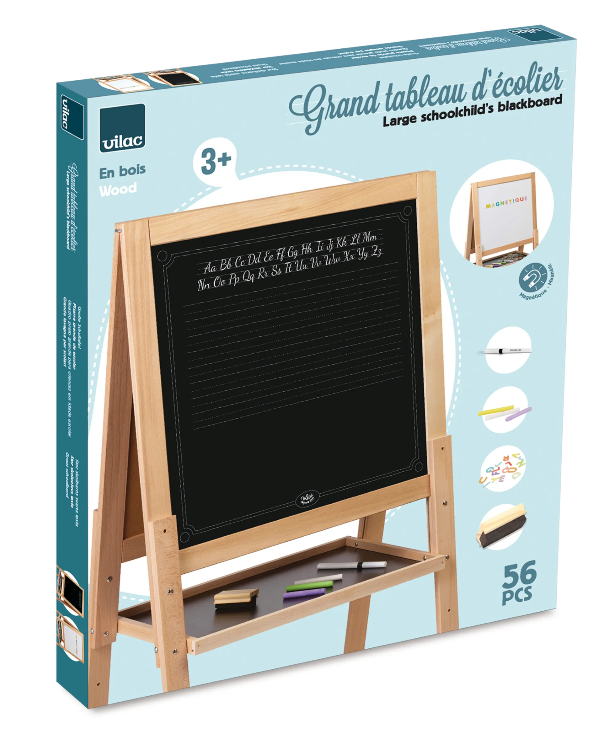 Grand tableau sur pied en bois, double face craie et feutre effaçable