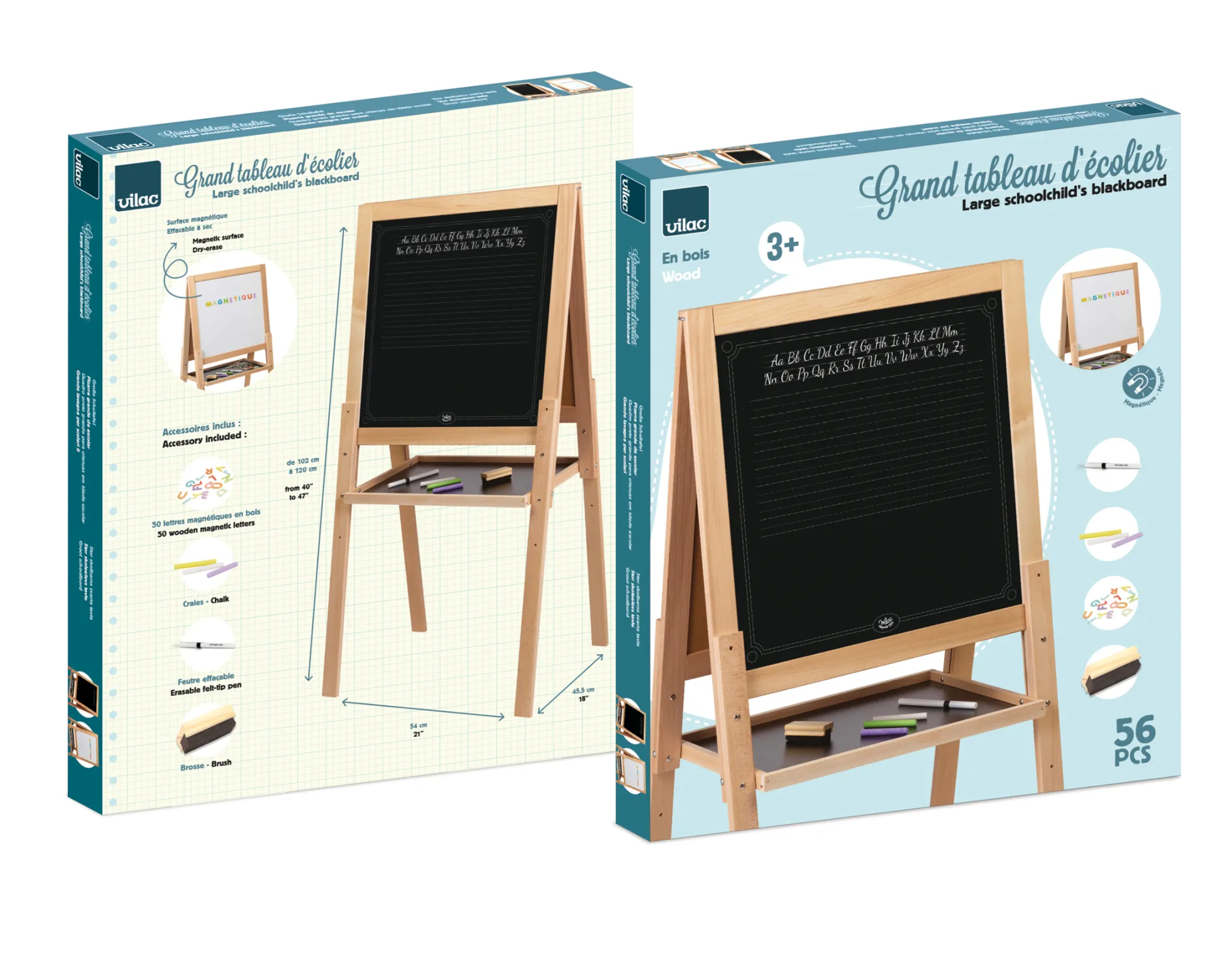 Grand tableau sur pied en bois, double face craie et feutre effaçable