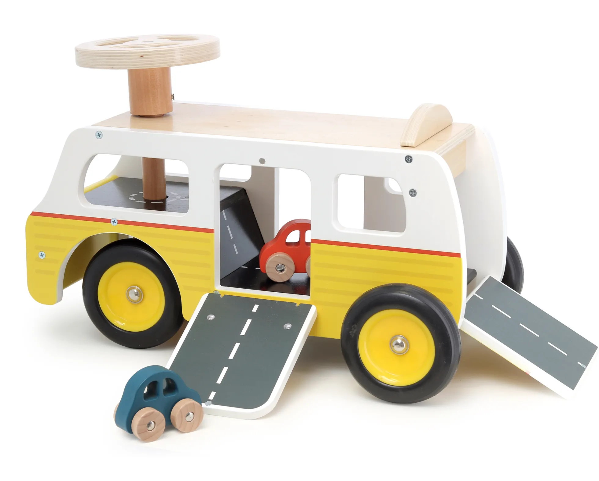 Porteur Van-garage en bois – avec rampes et voitures