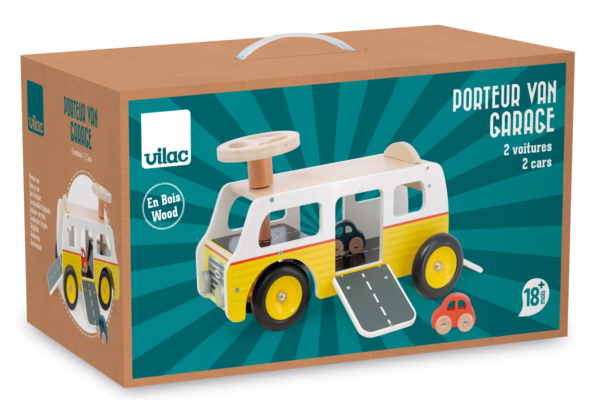 Porteur Van-garage en bois – avec rampes et voitures