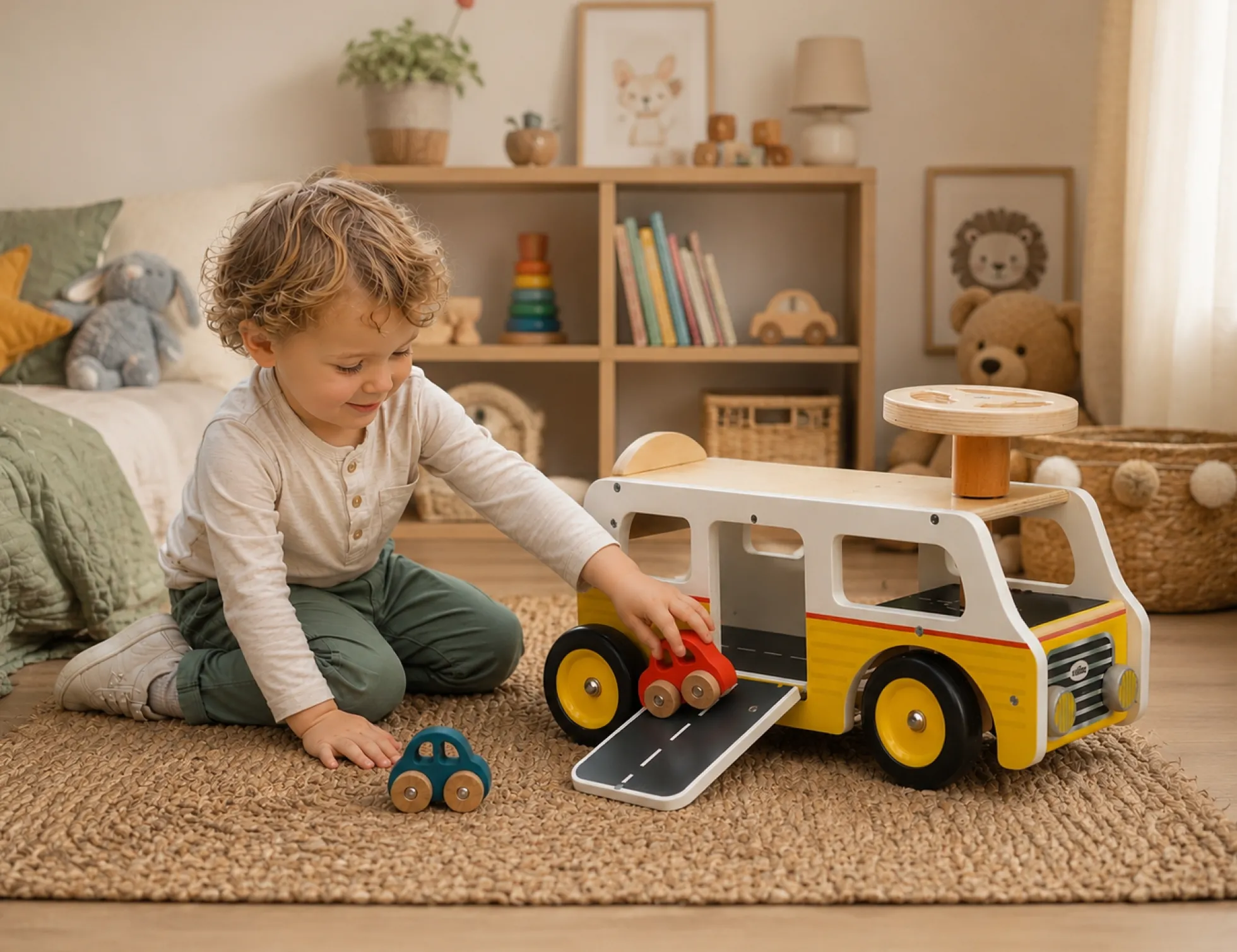 Porteur Van-garage en bois – avec rampes et voitures