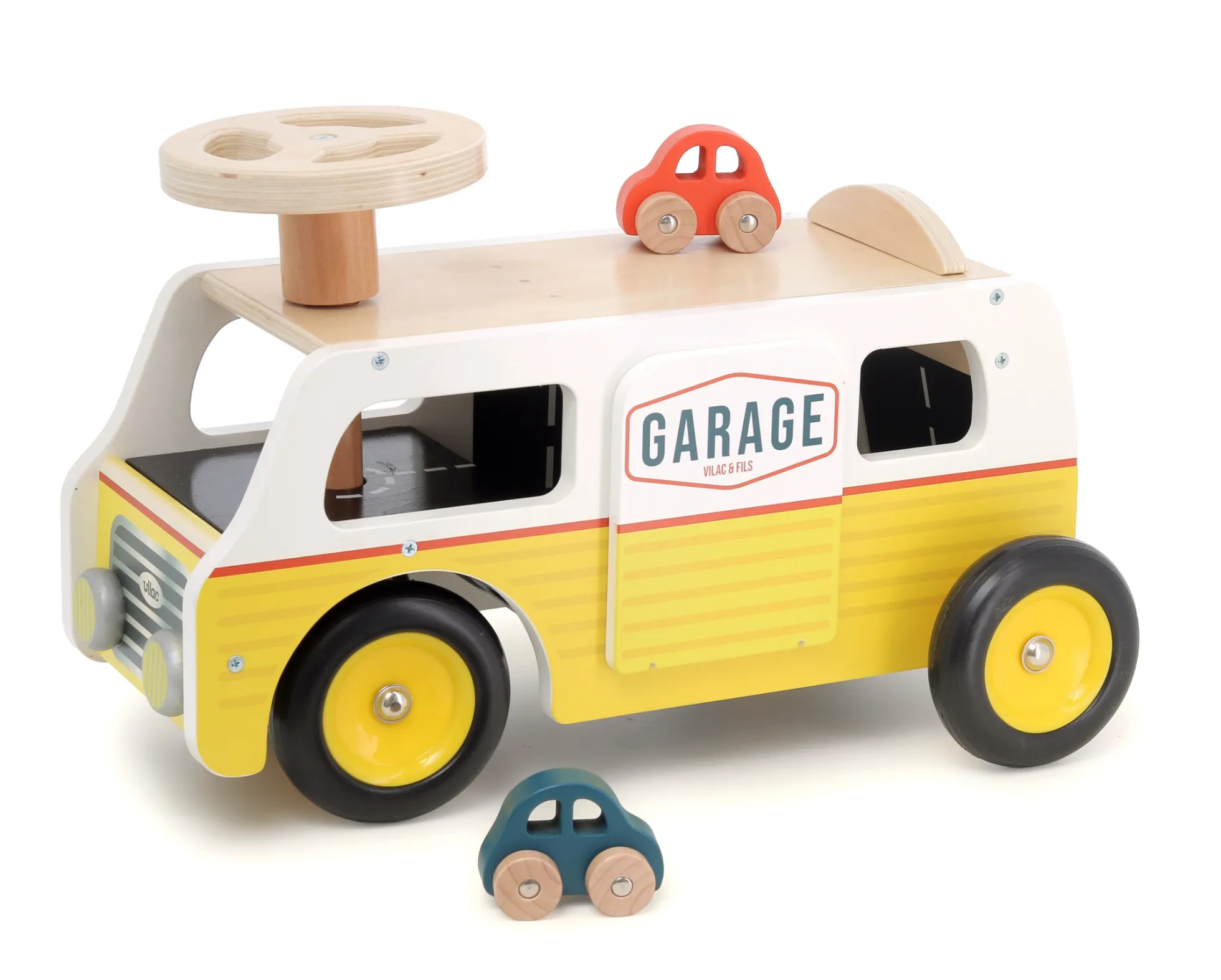 Porteur Van-garage en bois – avec rampes et voitures