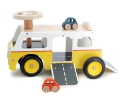 Porteur Van-garage en bois – avec rampes et voitures