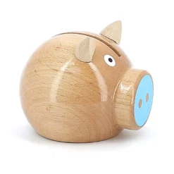 Tirelire cochon bois naturel-bleu