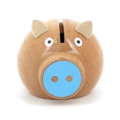 Tirelire cochon bois naturel-bleu